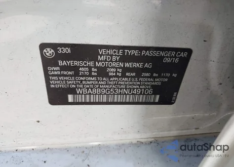 2017 BMW 330 from USA, damaged, VIN WBA8B9G53HNU49106